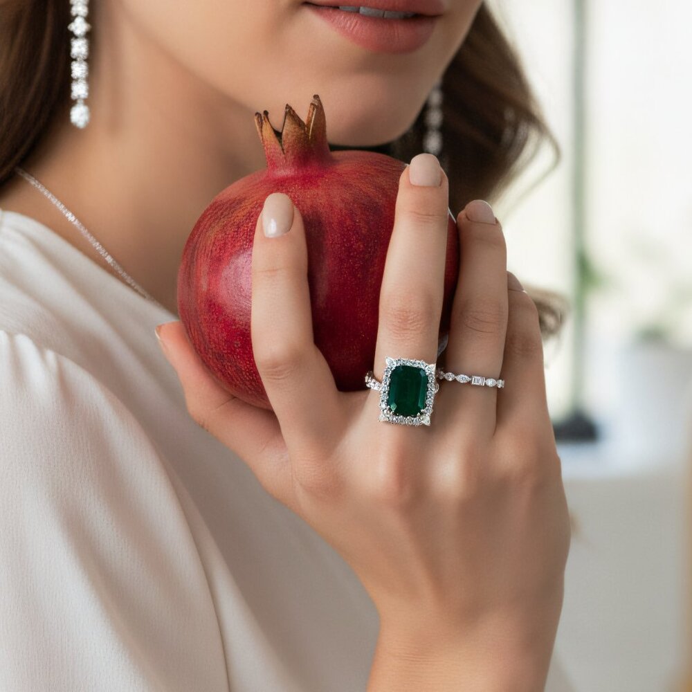 Majestic Emerald Cut 18K White Gold Green Gemstone Ring - Picture 3 of 5